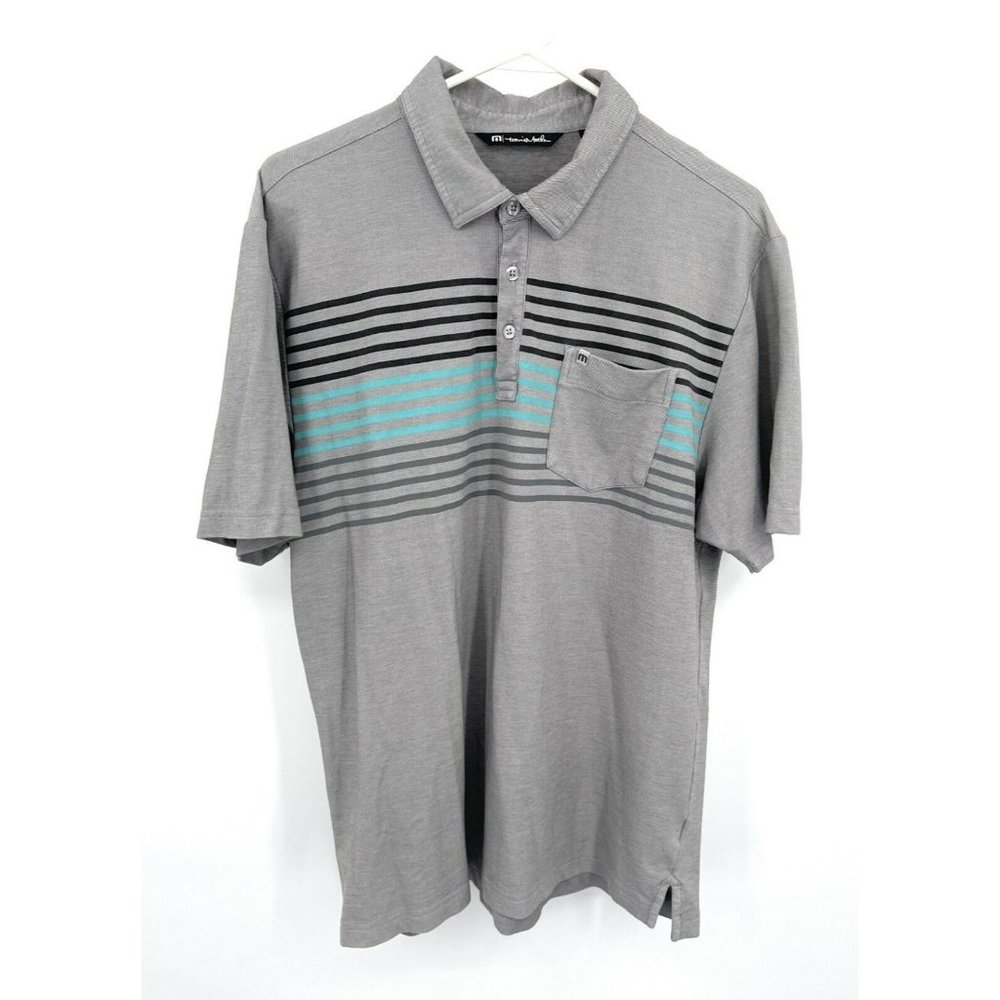 Travis Mathew Polo Gray Blue Striped Men’s Sz L‎ Shirt